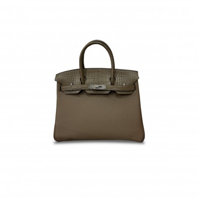 HERMÈS MASTER BIRKIN 30 CROCODILE AND TOGO LEATHER ELEPHANT GREY SILVER BUCKLE H076235CK03 (30*22*16cm)